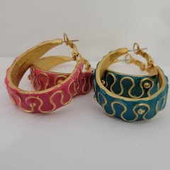 Vintage Gold Tone Pink Blue Enamel Dangle Hoop Earrings Statement