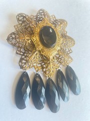 Vintage Dress Clip Gold Tone Black Glass Dangles 3.5 inches Statement