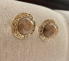 Ocean Jasper Vintage Beaded Beige Marbled Stone Necklace Pierced Earrings Set