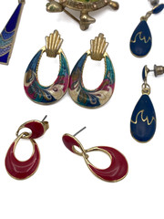 11pc Vintage Enamel Jewelry Lot 5 Pair Earrings Turtle Brooch Cloisonne