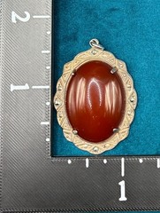 Vintage Sterling Silver Pendant Carnelian Cabochon Marcasite Accents 1 3/4″