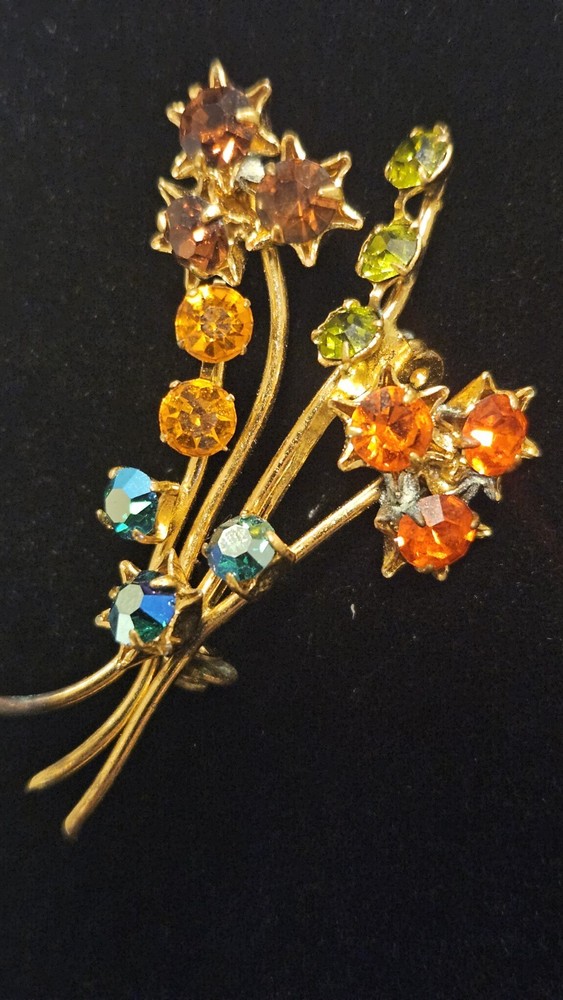 Vintage Austria Rhinestone Flower Spray Brooch Topaz Green Blue Gold Tone Signed