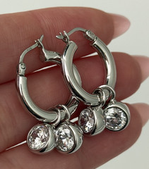 Milor Italy 925 Sterling Silver Clear CZ Bezel Set Dangle Hoop Earrings Sparkly