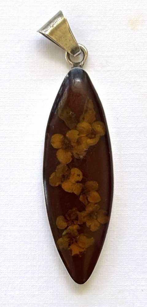 Vintage Mexico Long Oval Shape Pendant Sterling Silver 925 Dry Flowers Acrylic