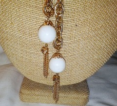 Vintage 1960’s White Lucite Bead Lariat Necklace Gold Plated Tassel Sautoir MCM