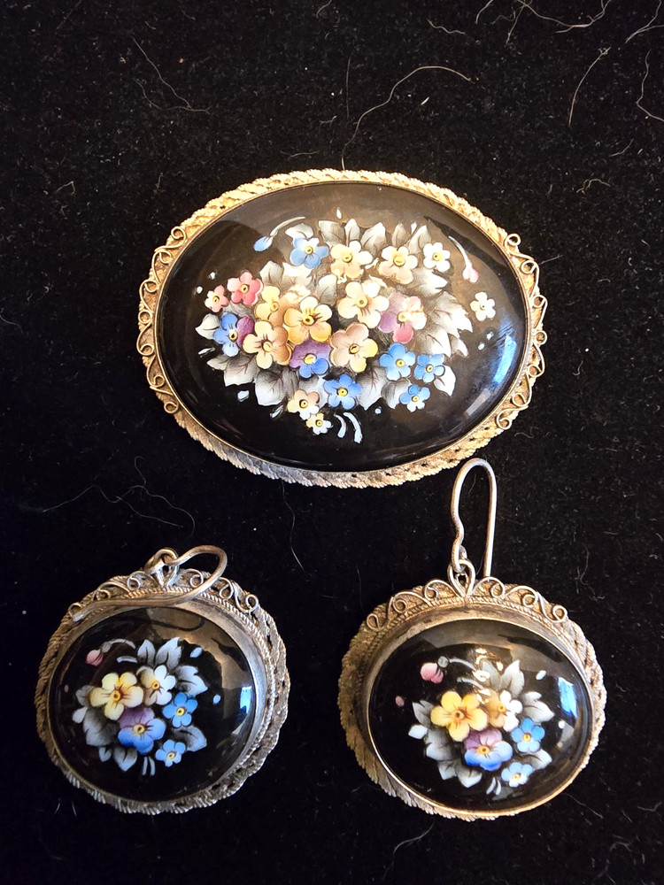 Vintage Russian Silver Enamel Floral Brooch & Earring Set Rostov Finift