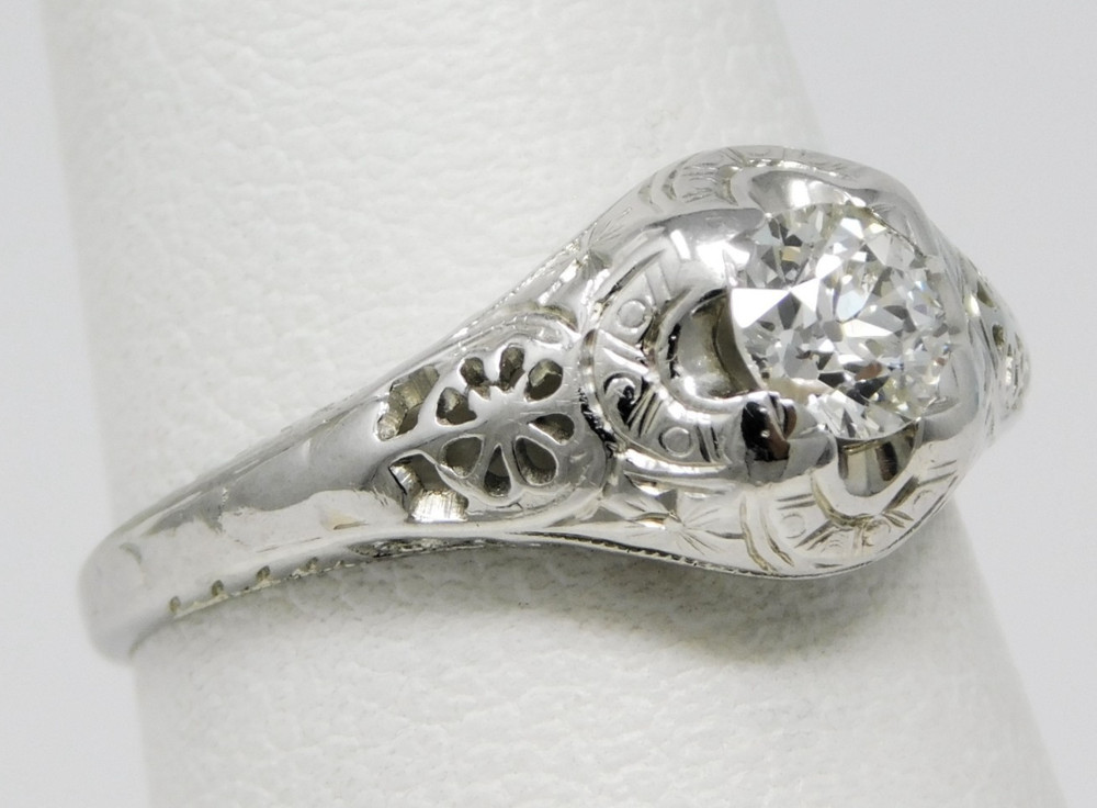 18k White Gold ART DECO ~4.4 mm Diamond Solitaire Filigree Ring Sz 5.5+ B6852