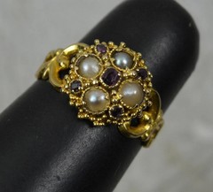 Victorian 18ct 18k Gold Almandine Garnet Pearl Cluster Ring Sz 5.5 Hallmark 1867