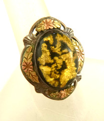 Vtg JNE 925 Sterling Silver & Black Hills Gold Ring Gold Leaf Under Resin Sz 6.5