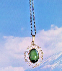 Title Vintage Sorrento 1/20 12KT Gold Filled Green Cabochon Filigree Pendant