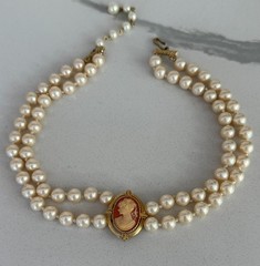 Vintage Double Strand Faux Pearl Cameo Necklace
