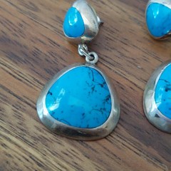 Vtg Mexican Modernist 950 Fine Silver 925 Turquoise Dangle Earrings signed 110