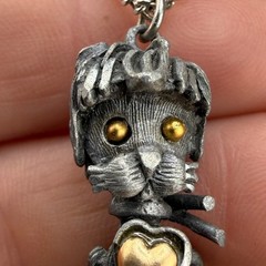 Vintage Cat Necklace Silver Tone Pewter Love Heart 19”