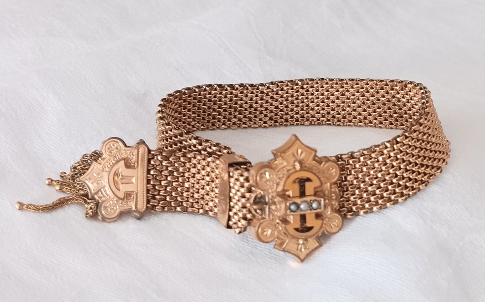 Victorian Gold Fill Mesh Slide Bracelet Seed Pearls Tassels Antique 1880s