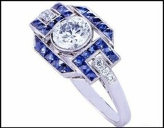 Art Deco Style Lab Created Diamond & Sapphire 14K White Gold FN Engagement Ring