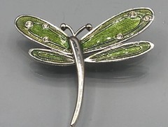 Vintage 1990s Lauren Conrad Green Enamel Dragonfly Silver Tone Rhinestone Brooch