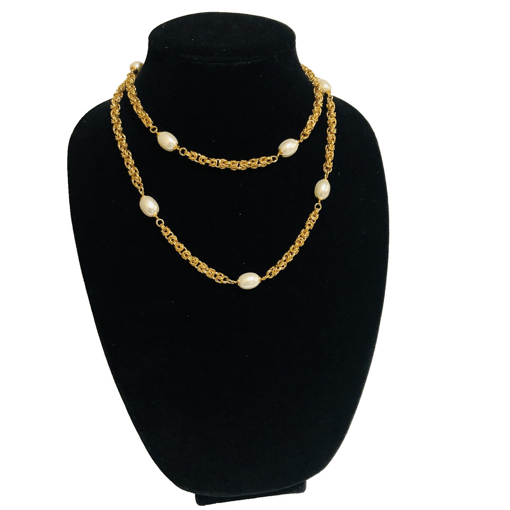 Italian 18K Gold Plated Rope Link Necklace Faux Pearl Accents 32in