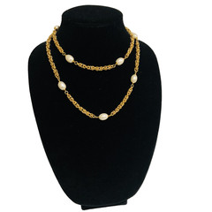 Italian 18K Gold Plated Rope Link Necklace Faux Pearl Accents 32in