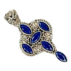 Vintage Style 925 Silver Pendant Blue Marquise Stones Ornate Filigree Design 2″