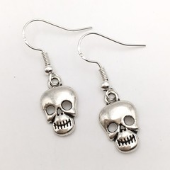 Silver Tone Costume Goth Skull Hook Dangle Earrings #25