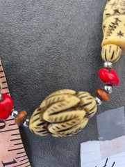 Tribal Style Carved Red Coral Color Wood Bead Boho Ethnic Necklace