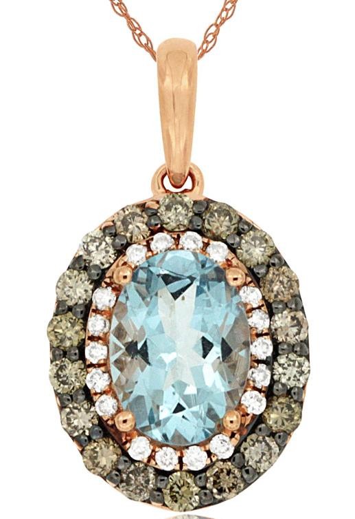 .99CT WHITE & MOCHA DIAMOND & AAA AQUAMARINE 14K ROSE GOLD OVAL FLOATING PENDANT