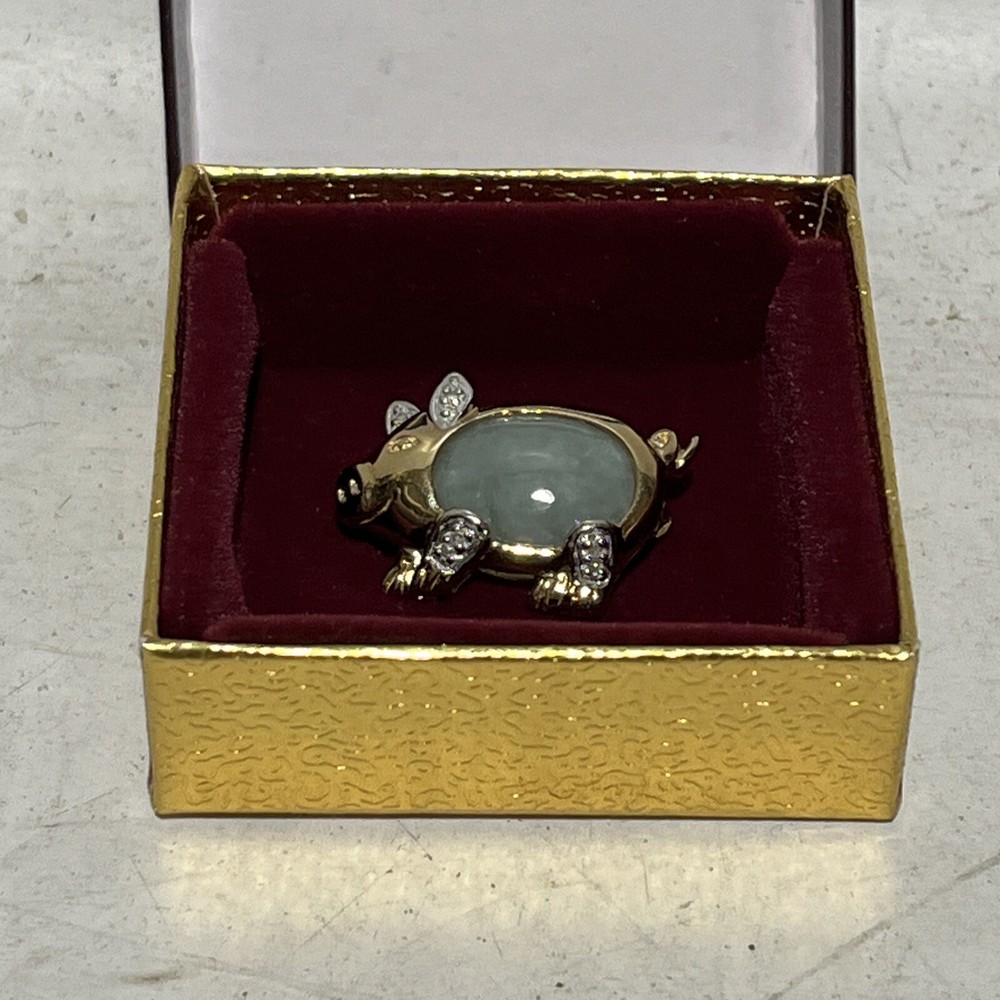 Solid 10K Gold, Green Jade & Diamond Detailed Pig, Estate Pendant, Brooch