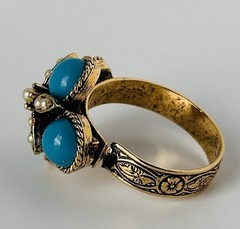 Vintage Ring Turquoise Seed Pearl Faux Gold Band Engraved Size Adjustable