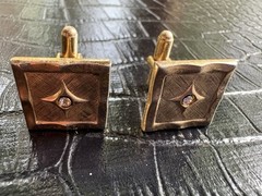 Vintage Cuff Links Men Goldtone Square Textured Clear Rhinestone Accent Toggle
