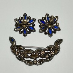 Vintage Unsigned Royal Blue Glass and Rhinestone Brooch and Earring Set