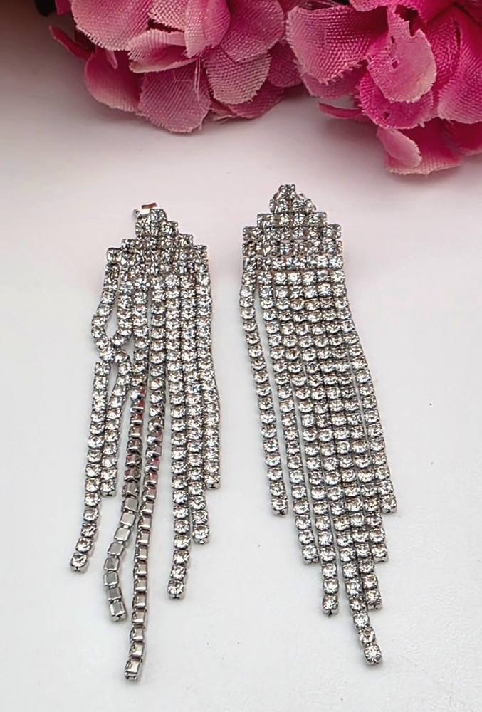 Crystal Fringe Tennis Drop Earrings Silver Tone Chandelier Vintage 2.5 in