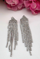 Crystal Fringe Tennis Drop Earrings Silver Tone Chandelier Vintage 2.5 in