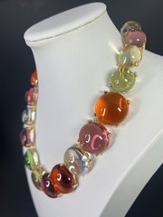 Gripoix Style Riviere Necklace Choker Pink Green Gumdrop Cabochon Gold Tone