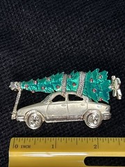 AJC Large Christmas Brooch Bringing Home the Tree with Car Gold Tone and Enamel