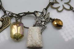 Scooples bronze tone chain links necklace fairy glass/ stone wings charms Love