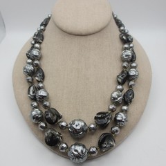 Vintage Hong Kong Necklace Beaded Black Gray Double Strand 23 Inch