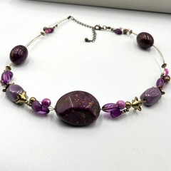 Vintage Style Purple Beaded Illusion Necklace Bronze Tone Boho Statement Fashion