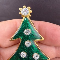 Vintage Christmas Tree Brooch LIA Gold Tone Signed Enamel Rhinestone