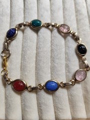 Vintage Egyptian Revival Scarab Glass Cab Bracelet 7in | Multi-Color Gold Tone