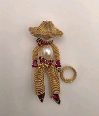 Vintage Signed Weiss Ruby Red Crystal & Faux Pearl Wire Cowboy W/Lasso Brooch