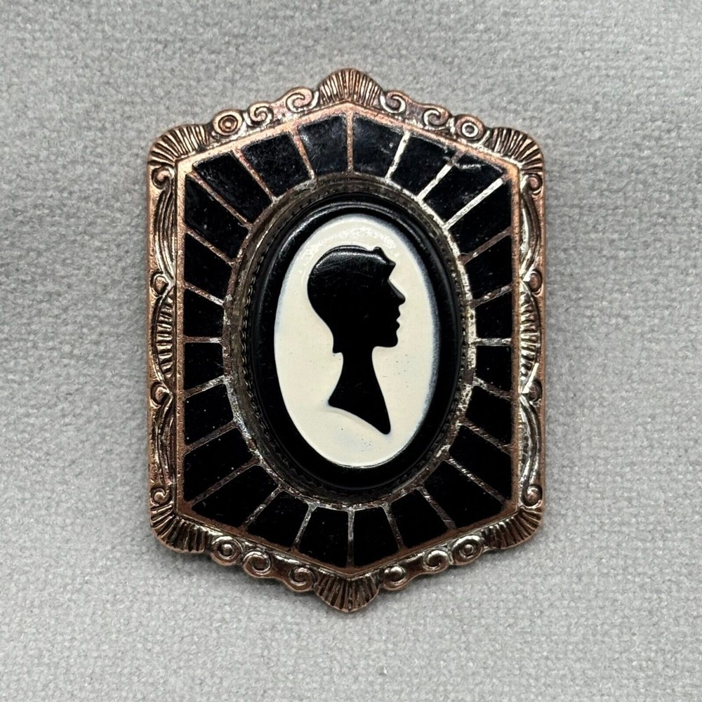 Antique Art Deco Cameo Brooch Pin Pinchbeck Etched Metal Alloy Silhouette 1920s