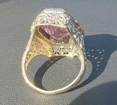 Antique Art Deco Large Hexagon Amethyst Cocktail Ring 14k White Gold Yellow