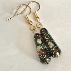 Vintage Pink Red Flower Cloisonne Earrings Black Enamel Gold Tone Taiwan Asian