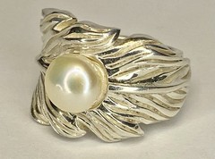 Vintage Large Sterling Silver 925 Leaf 9mm Cultured Pearl Statement Ring SZ 7.5
