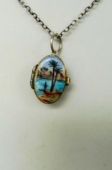 Deco Silver Gilt 800 Egyptian Revival Enamel Moses Basket Locket Pendant 1920s