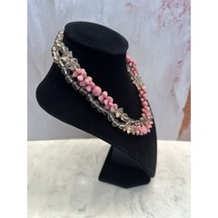 Miriam Haskell Vintage Pink Floral and Clear Glass Bead Necklace Patented Clasp