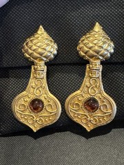 Vintage Gold Tone Etruscan Revival Amber Dangle Earrings Runway Statement 80s