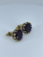 Red Glass cufflinks Faceted round prong set open gold tone 1-1/8″