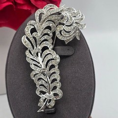 Vintage Feather Brooch Rhinestone Silver Tone Art Deco Style Pin Jewelry Stement