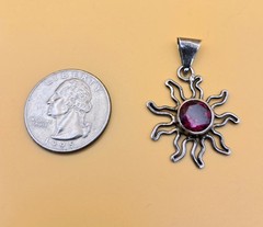 Vintage Sterling Silver 925 Mexico Sun Red Garnet Pendant 1″